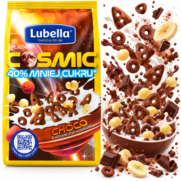 Lubella PŁATKI ŚNIADANIOWE COSMIC CHOCO CZEKOLADOWE 40% cukru mniej 350g