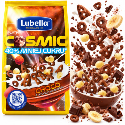 Lubella PŁATKI ŚNIADANIOWE COSMIC CHOCO CZEKOLADOWE 40% cukru mniej 350g
