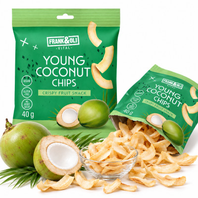 Frank&Oli YOUNG COCONUT CHIPS CHIPSY Z MŁODEGO KOKOSA 40g zdrowa przekąska