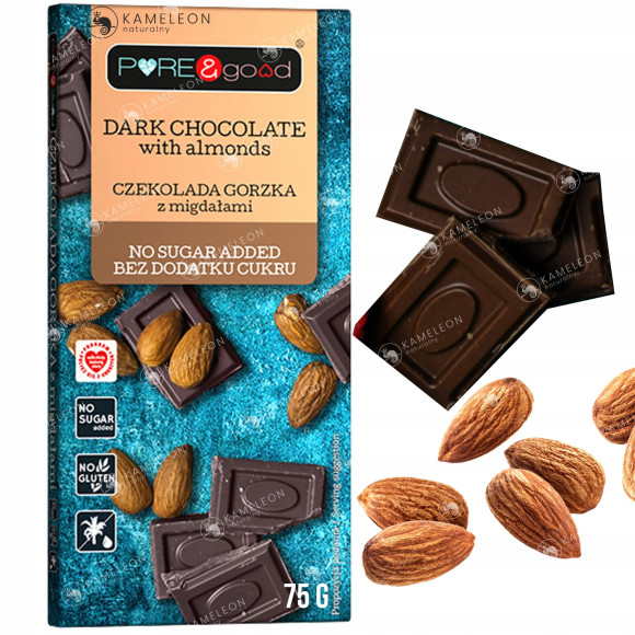 CZEKOLADA GORZKA Z MIGDAŁAMI  bez CUKRU 75g KETO Pure&Good KRÓTKA DATA