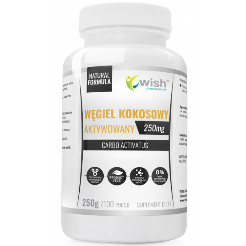 WISH Węgiel Kokosowy AKTYWOWANY 250g 100 porcji wsparcie: problem z gazami