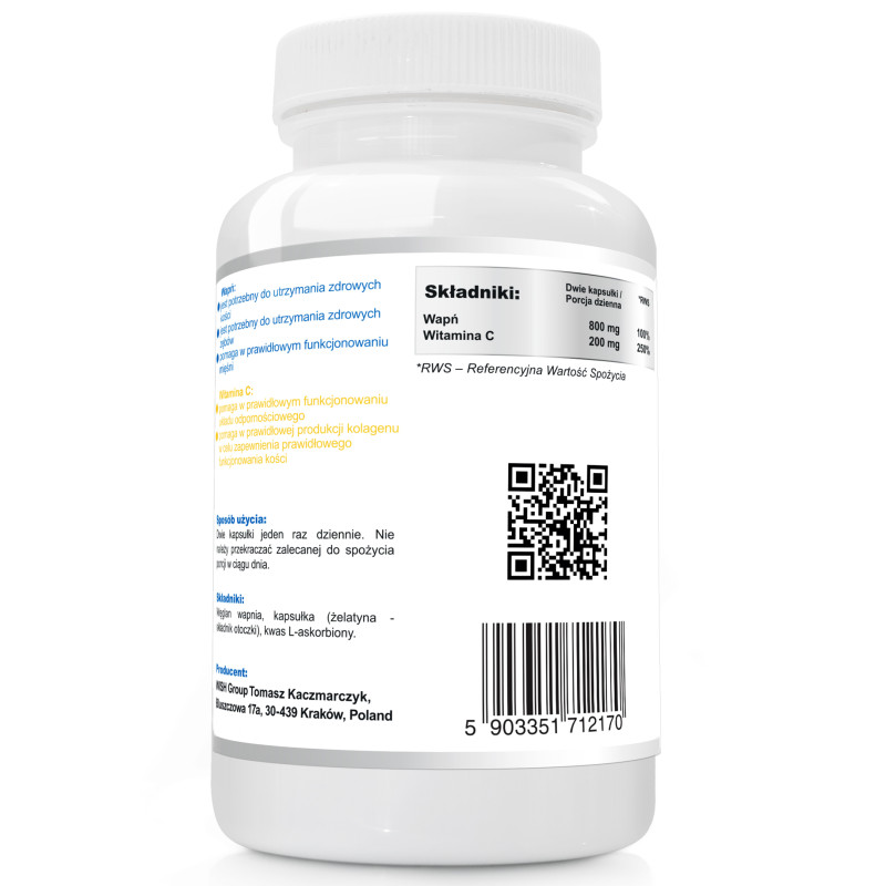 Wish CALCIUM + WITAMINA C WAPŃ 400mg 50% RSW 120 kaps na 2 miesiące