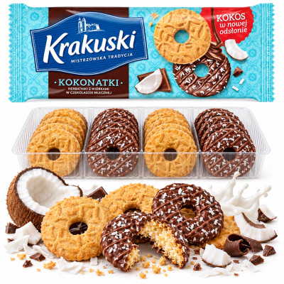 Krakuski HERBATNIKI KOKONATKI KOKOSOWE w czekoladzie mlecznej 174g