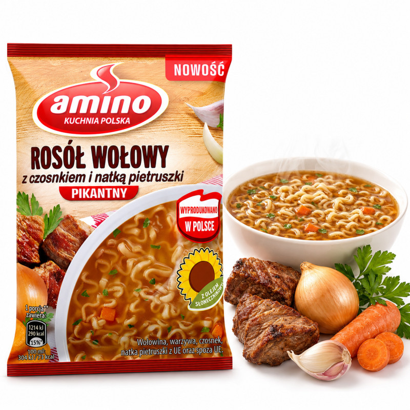 AMINO  zupka chińska ROSÓŁ WOŁOWY Z CZOSNKIEM PIKANTNY 60g KRÓTKA DATA