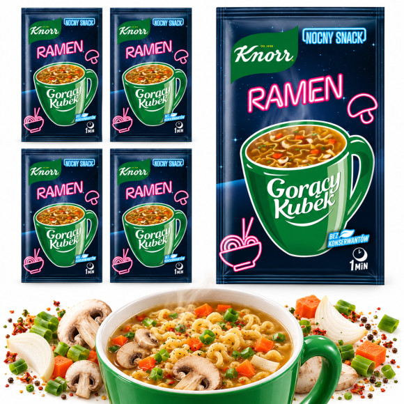 Knorr GORĄCY KUBEK ZUPA RAMEN o saku kurczaka 16g SASZETKA NOCNY SNACK x5