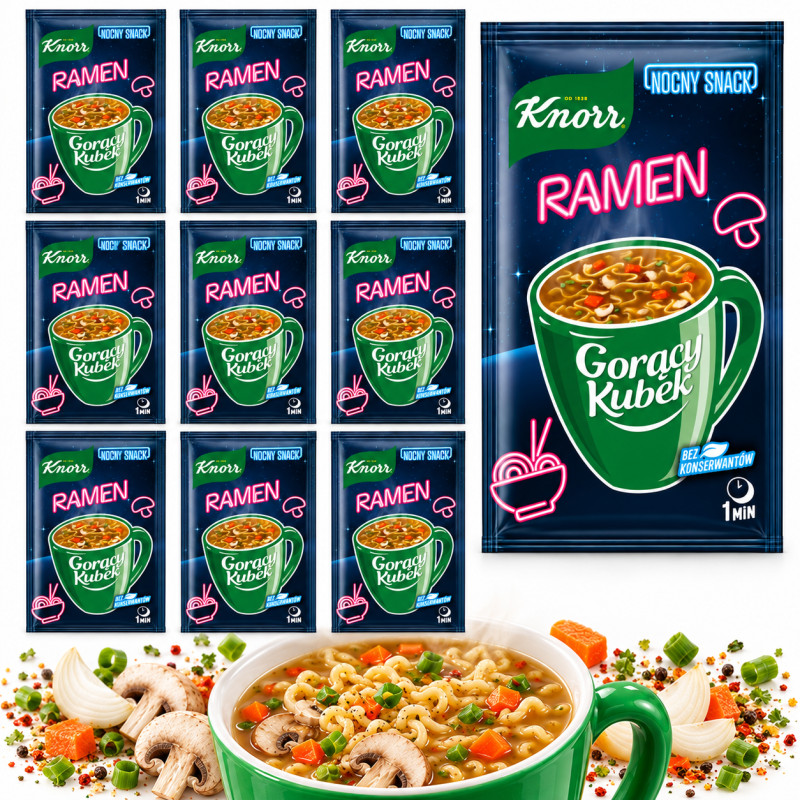 Knorr GORĄCY KUBEK ZUPA RAMEN o saku kurczaka 16g SASZETKA NOCNY SNACK x10