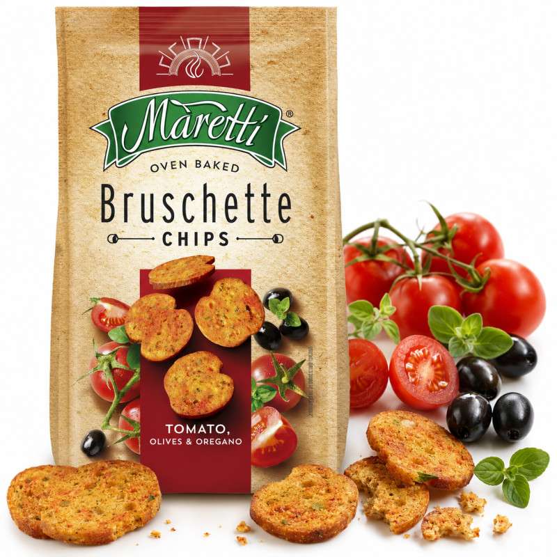 BRUSCHETTA MARETTI Chipsy Krążki chlebowe POMIDOR OLIWKI & OREGANO 70g