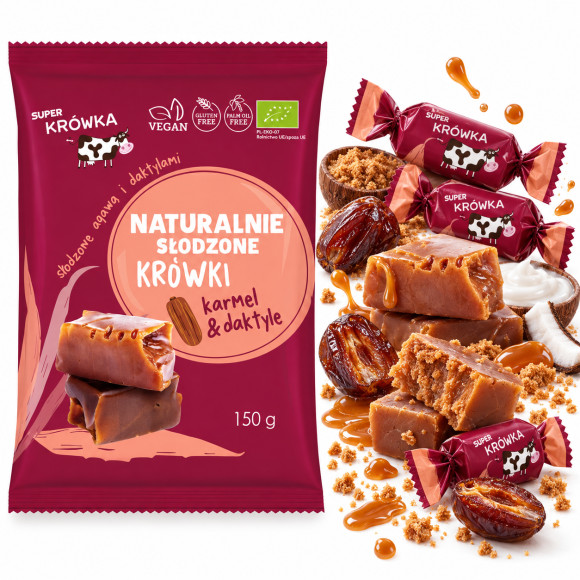 Eko KRÓWKI WEGAŃSKIE KARMEL & DAKTYLE BEZ GLUTENU LAKTOZY 150g Super FUDGIO
