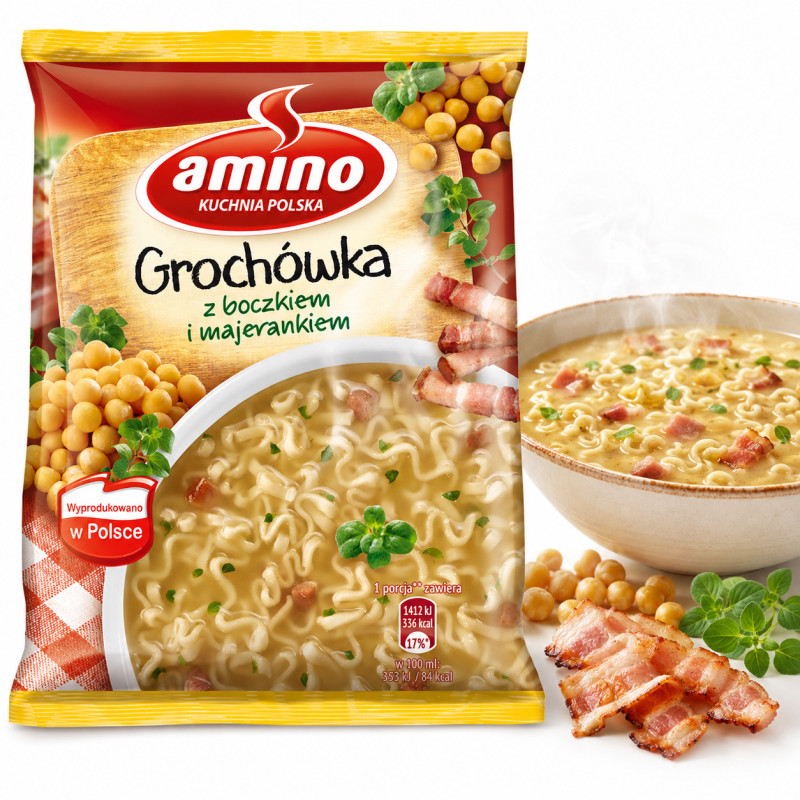 Amino ZUPA GROCHOWA GROCHÓWKA Z BOCZKIEM I MAJERANKIEM  65g KRÓTKA DATA