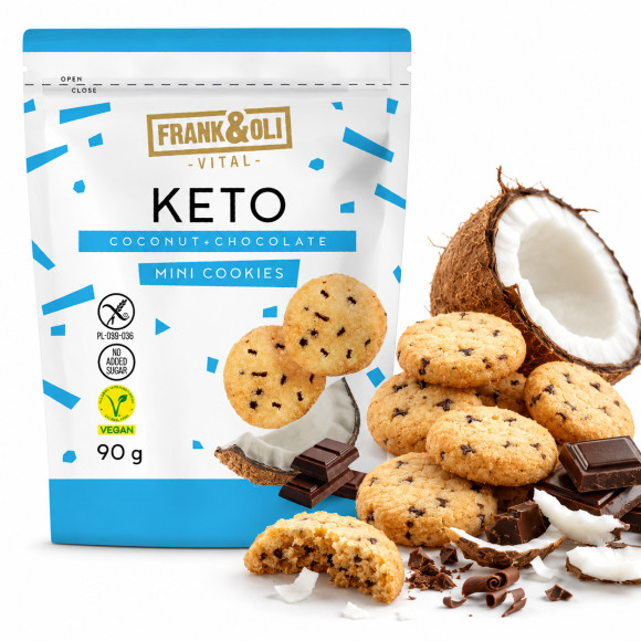 Frank&Oli MINI KETO ciasteczka KOKOSOWE Z CZEKOLADĄ bez cukru glutenu 90G