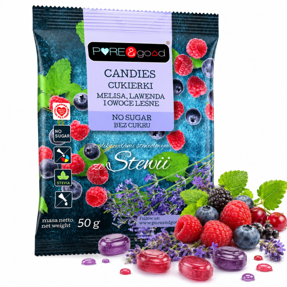 Pure&Good CUKIERKI MELISA LAWENDA I OWOCE LEŚNE ze stewią BEZ CUKRU 50g