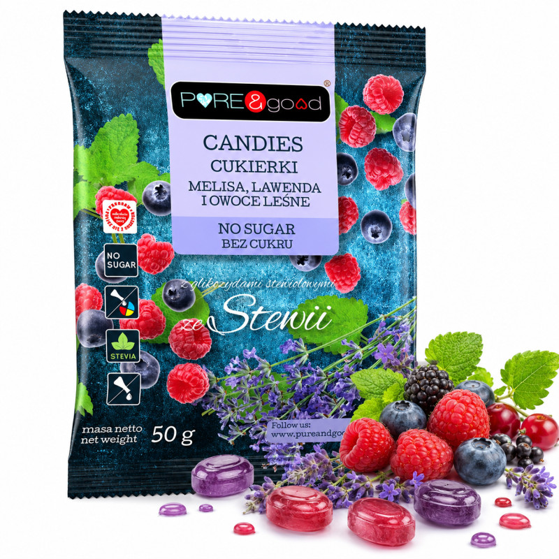 Pure&Good CUKIERKI MELISA LAWENDA I OWOCE LEŚNE ze stewią BEZ CUKRU 50g