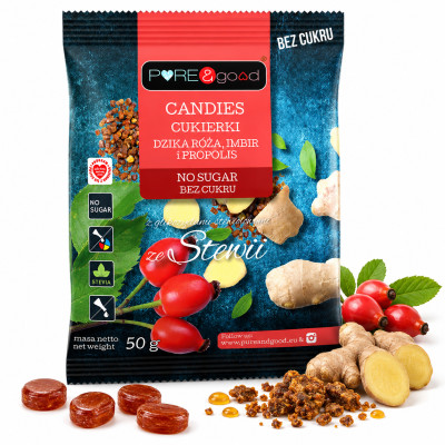 Pure&Good CUKIERKI DZIKA RÓŻA IMBIR I PROPOLIS ze stewią BEZ CUKRU 50g