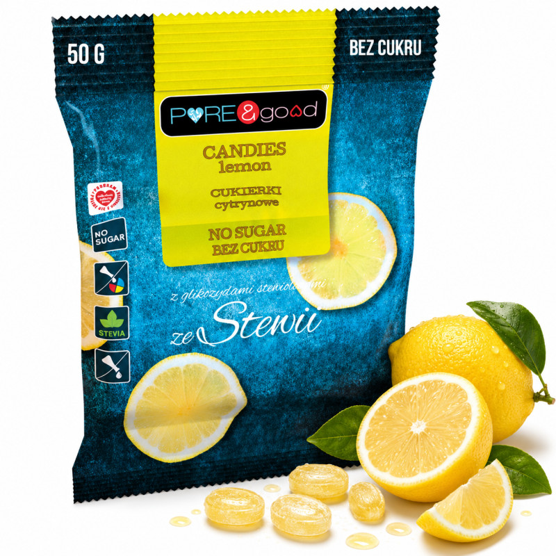 Pure&Good CUKIERKI LANDRYNKI CYTRYNOWE CYTRYNA ze stewią BEZ CUKRU 50g