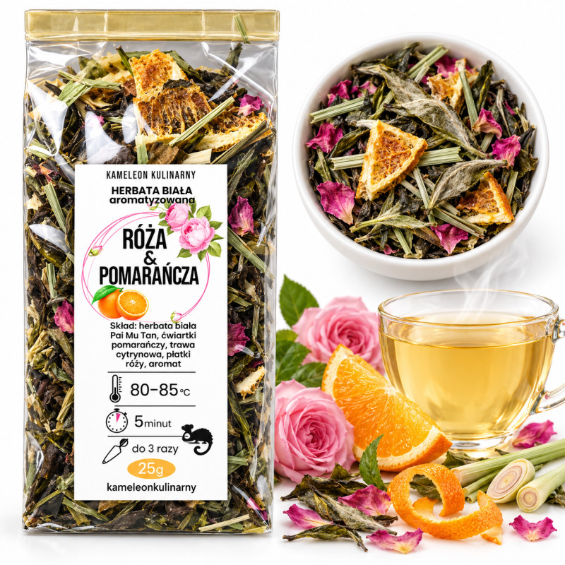 KAMELEON KULINARNY HERBATA BIAŁA Pai Mu Tan RÓŻA & POMARAŃCZA 25g