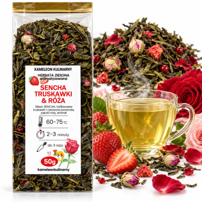 Kameleon Kulinarny HERBATA ZIELONA aromatyzowana SENCHA TRUSKAWKI &RÓŻA 50g