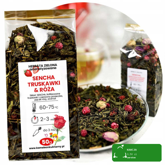 Kameleon Kulinarny HERBATA ZIELONA aromatyzowana SENCHA TRUSKAWKI &RÓŻA 50g