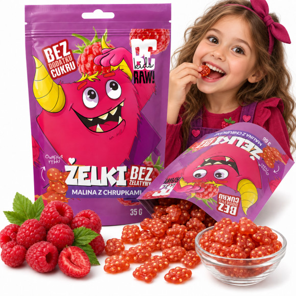 BE RAW KIDS żelki bez cukru żelatyny MALINA z CHRUPKAMI owocowe rybki 35g