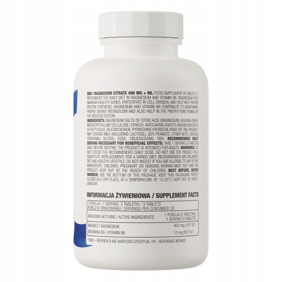 OstroVit MAGNEZ CYTRYNIAN MAGNEZU 400mg +B6 90tbl pomoc U NERWOWY MIĘŚNIOWY