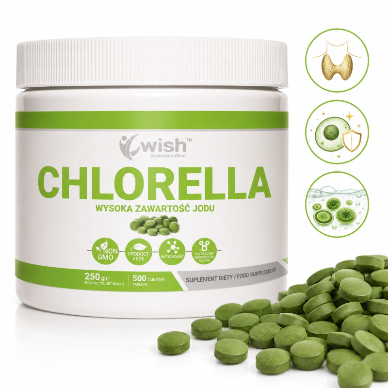 Wish CHLORELLA 500 tabletek 250G pomoc OCZYSZCZENIE ODPORNOŚĆ ŻELAZO