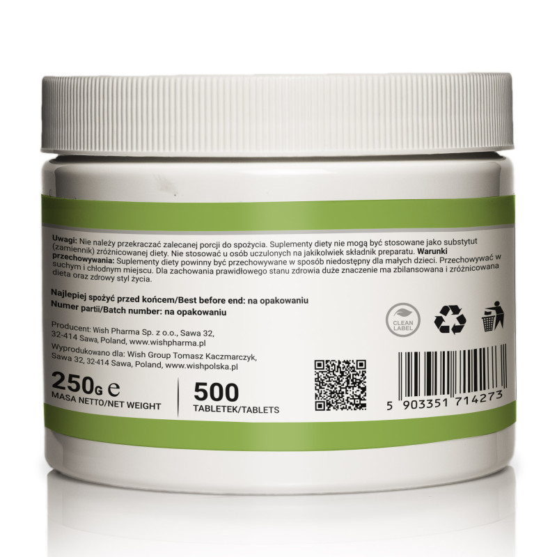 Wish CHLORELLA 500 tabletek 250G pomoc OCZYSZCZENIE ODPORNOŚĆ ŻELAZO
