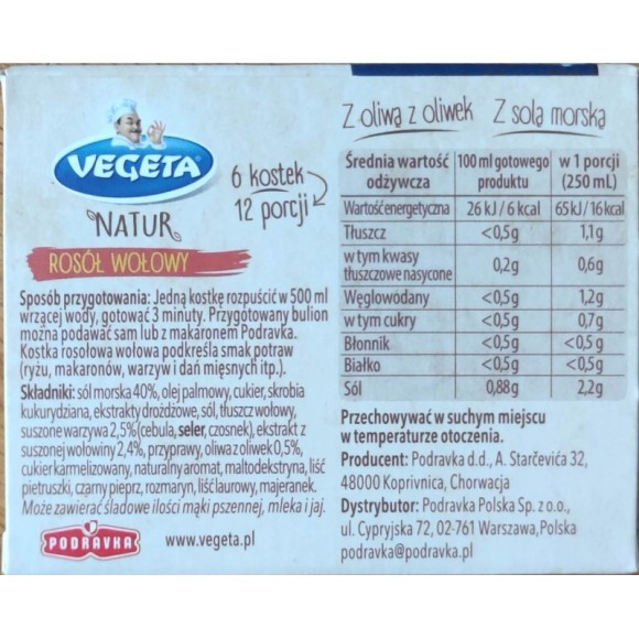 VEGETA KOSTKA ROSOŁOWA BULIONOWA ROSÓŁ WOŁOWY 60g PODRAVKA