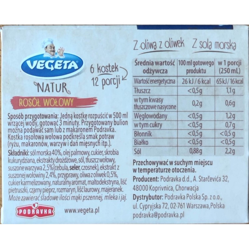 VEGETA KOSTKA ROSOŁOWA BULIONOWA ROSÓŁ WOŁOWY 60g PODRAVKA