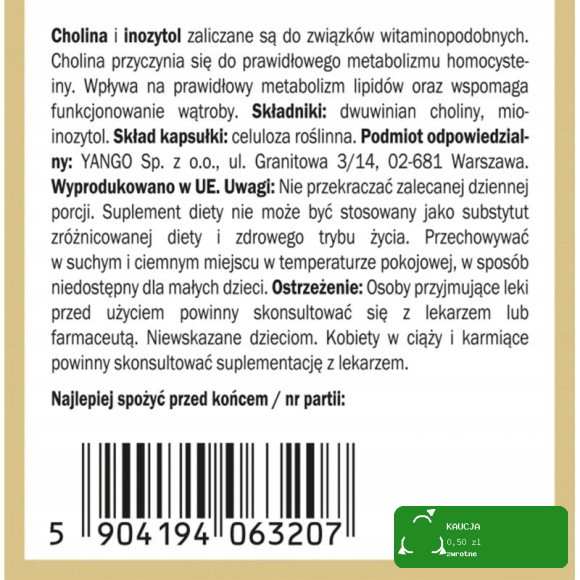 Yango CHOLINA + INOZYTOL 90 kaps wsparcie UKŁAD NERWOWY STRES METABOLIZM