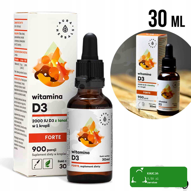 WITAMINA D3 FORTE 2000IU w kroplach 30ml wspiera ODPORNOŚĆ AURA HERBALS