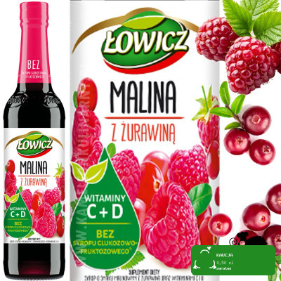 SYROP owocowy MALINA Z ŻURAWINĄ ŻURAWINA z witaminą C D 400ml 0,4L ŁOWICZ00