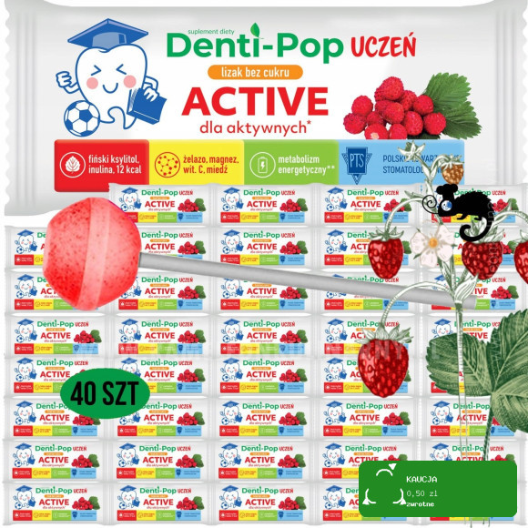 LIZAK Denti-Pop UCZEŃ smak POZIOMKA 40szt BEZ CUKRU MNIAM active Starpharma