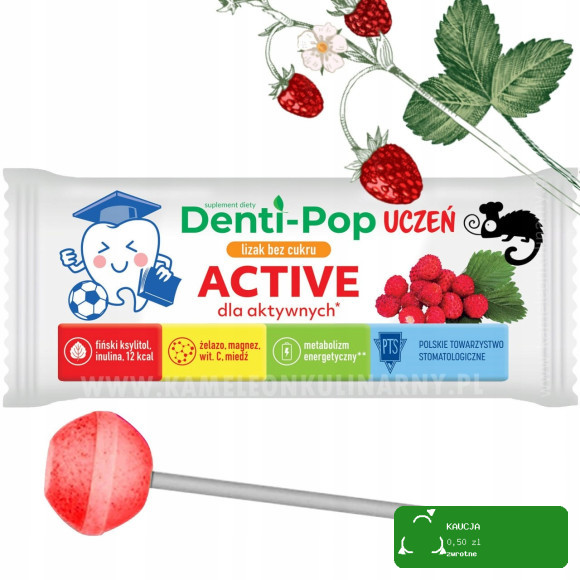 LIZAK Denti-Pop UCZEŃ smak POZIOMKA 40szt BEZ CUKRU MNIAM active Starpharma