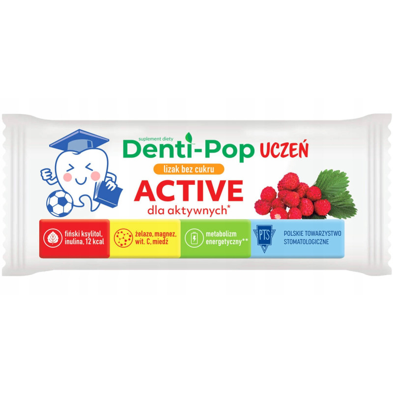 LIZAK Denti-Pop UCZEŃ smak POZIOMKA 40szt BEZ CUKRU MNIAM active Starpharma