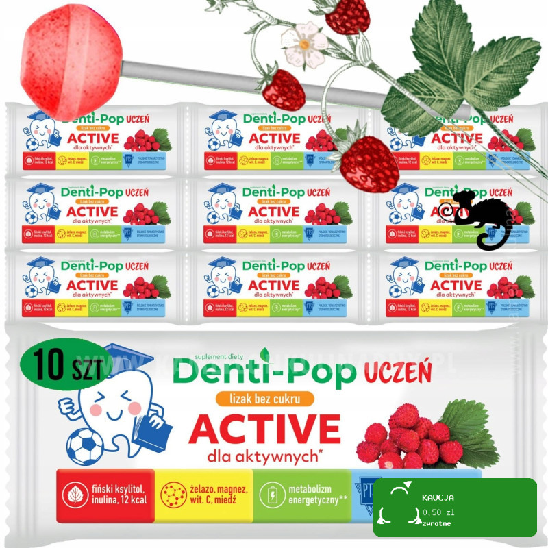 LIZAK Denti-Pop UCZEŃ smak POZIOMKA 10szt BEZ CUKRU MNIAM active Starpharma