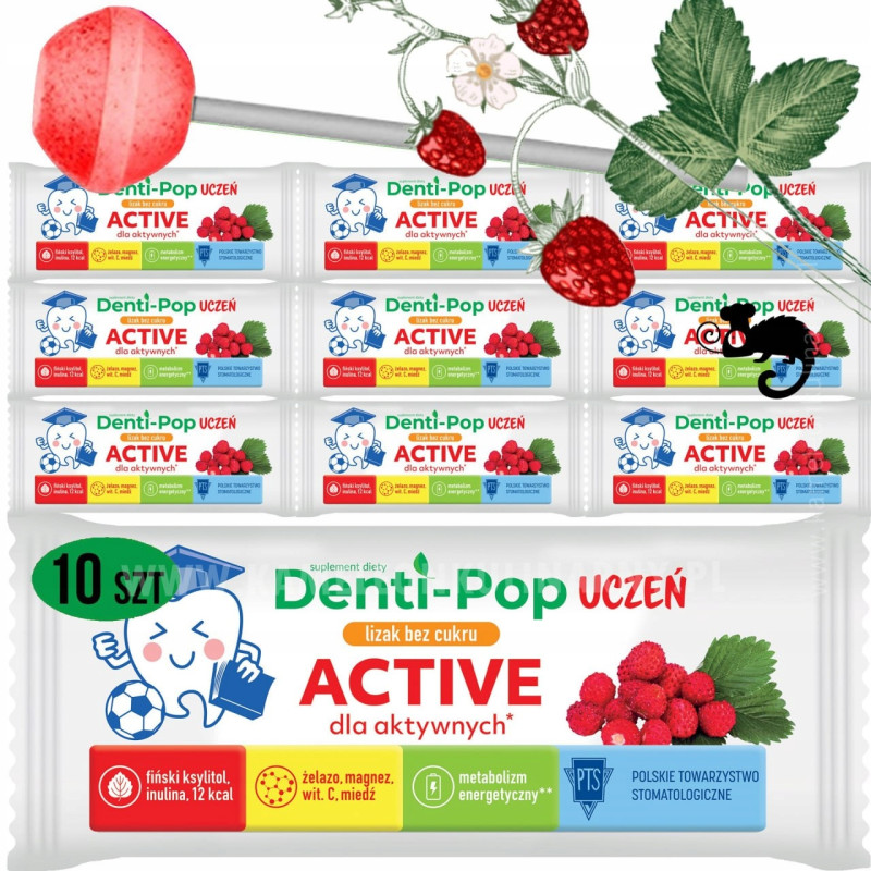 LIZAK Denti-Pop UCZEŃ smak POZIOMKA 10szt BEZ CUKRU MNIAM active Starpharma