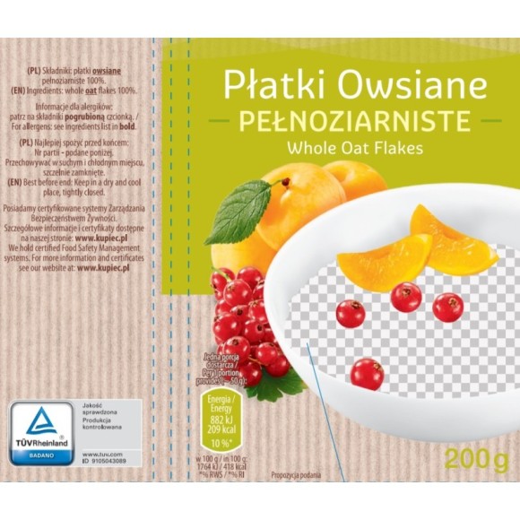 Kupiec PŁATKI OWSIANE PEŁNOZIARNISTE 200g 0,2KG KRÓTKA DATA
