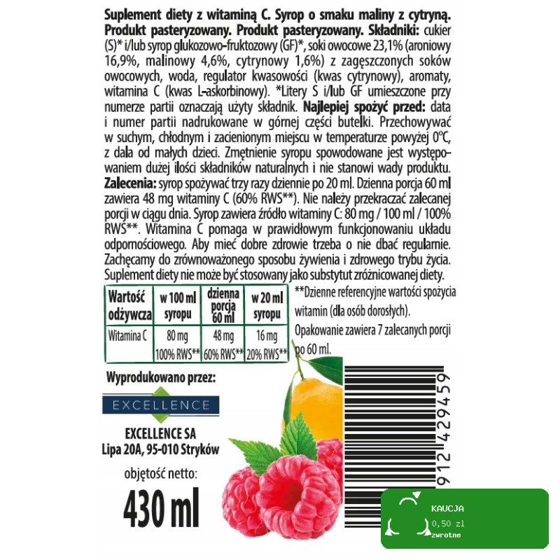 SYROP MALINOWY Z CYTRYNĄ MALINOWO CYTRYNOWY 430ml EXCELLENCE PORY ROKU
