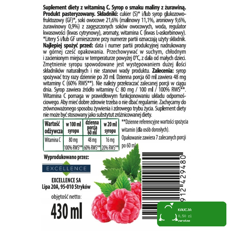SYROP MALINOWY Z ŻURAWINĄ smak maliny z żurawiną 430ml EXCELLENCE PORY ROKU