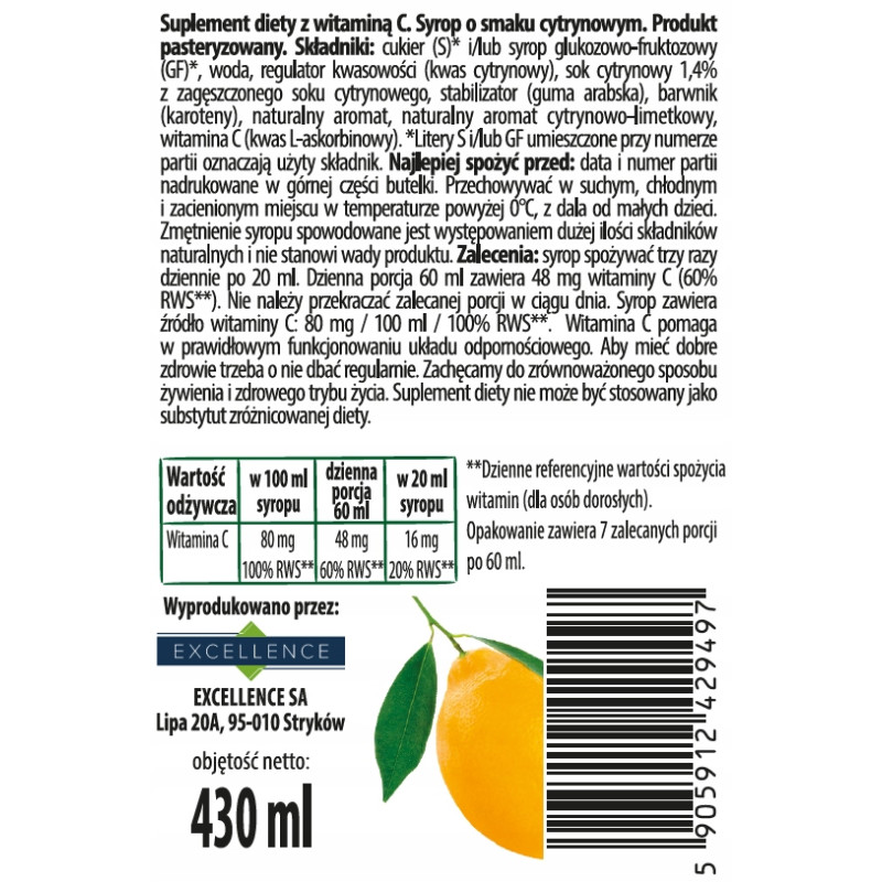 EXCELLENCE SYROP owocowy CYTRYNOWY CYTRYNA z witaminą C 430ml  KRÓTKA DATA