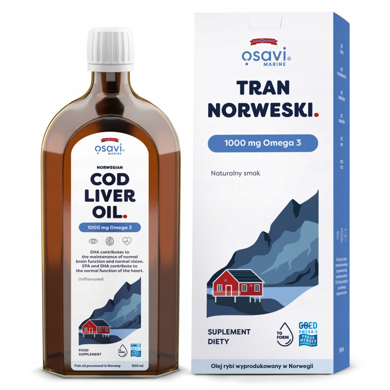 TRAN NORWESKI olej rybi Z NORWEGII 1000MG OMEGA3 smak NATURALNY 500ML OSAVI