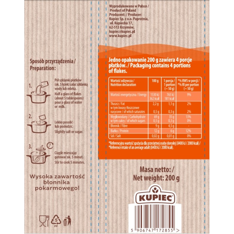 Kupiec PŁATKI ORKISZOWE PEŁNOZIARNISTE 200g 0,2KG
