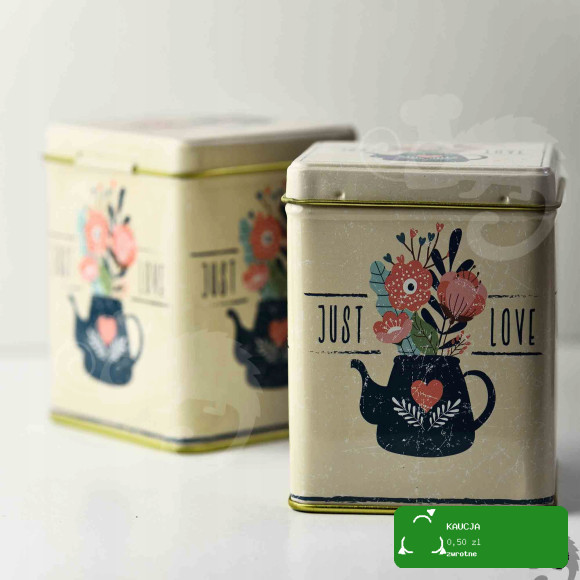 PUSZKA METALOWA na herbatę produkty sypkie JUST LOVE urocza DUŻA 100g