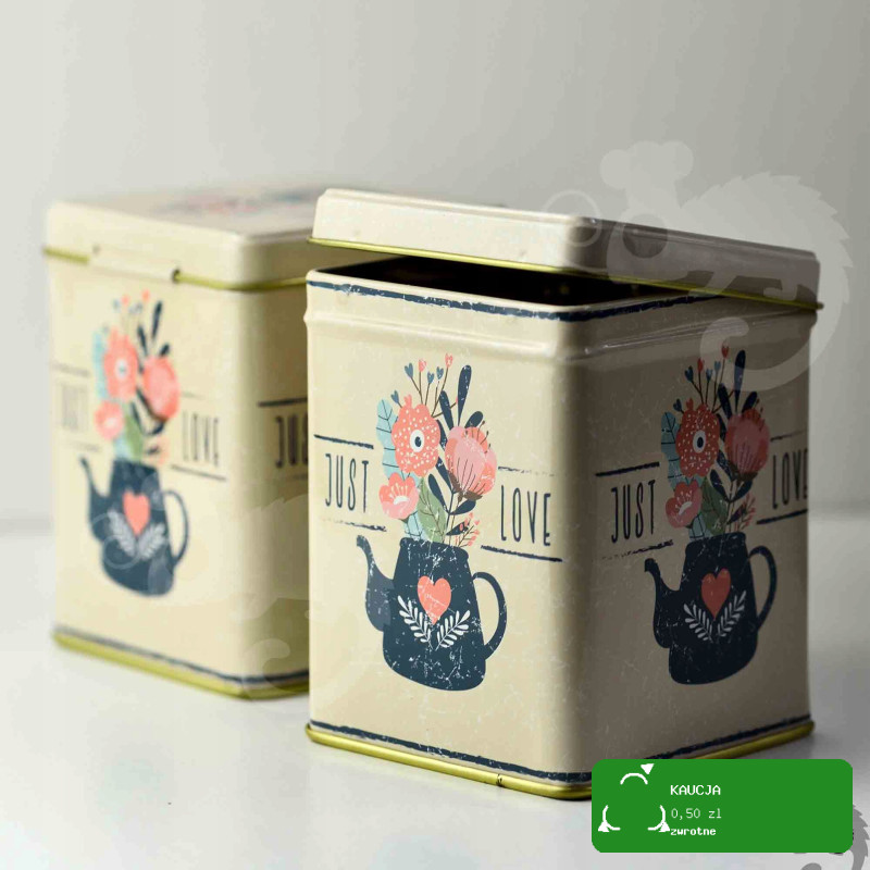 PUSZKA METALOWA na herbatę produkty sypkie JUST LOVE urocza DUŻA 100g