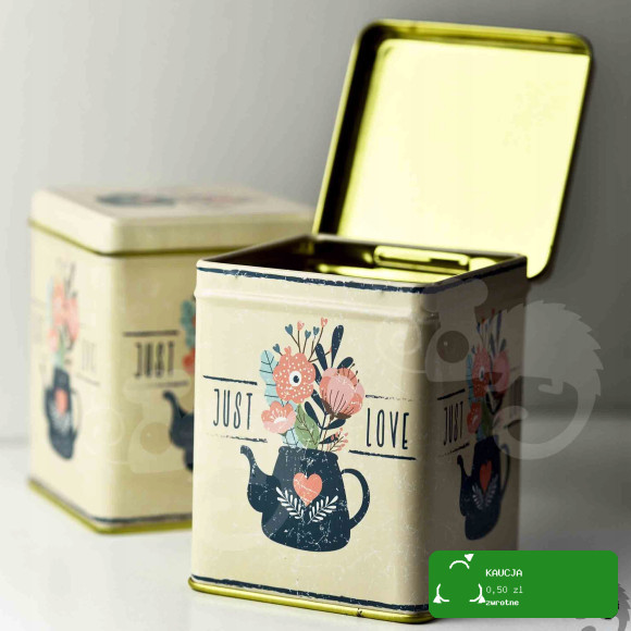 PUSZKA METALOWA na herbatę produkty sypkie JUST LOVE urocza DUŻA 100g