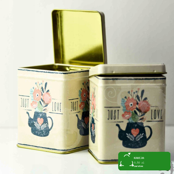 PUSZKA METALOWA na herbatę produkty sypkie JUST LOVE urocza DUŻA 100g