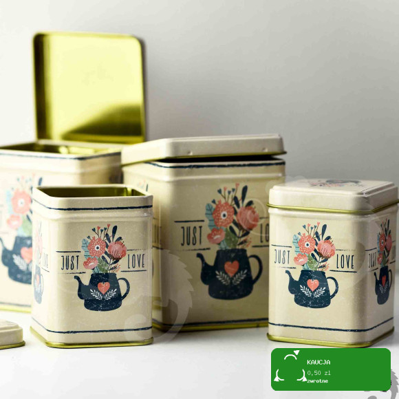 PUSZKA METALOWA na herbatę produkty sypkie JUST LOVE urocza DUŻA 100g