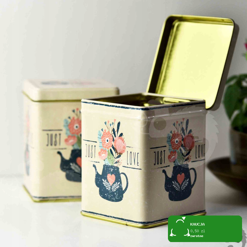 PUSZKA METALOWA na herbatę produkty sypkie JUST LOVE urocza DUŻA 100g