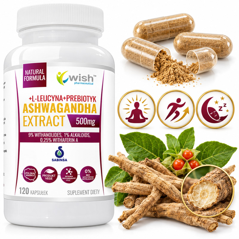Wish ASHWAGANDHA 500mg +L-LEUCYNA +PREBIOTYK 120kaps na 4mce wsparcie STRES