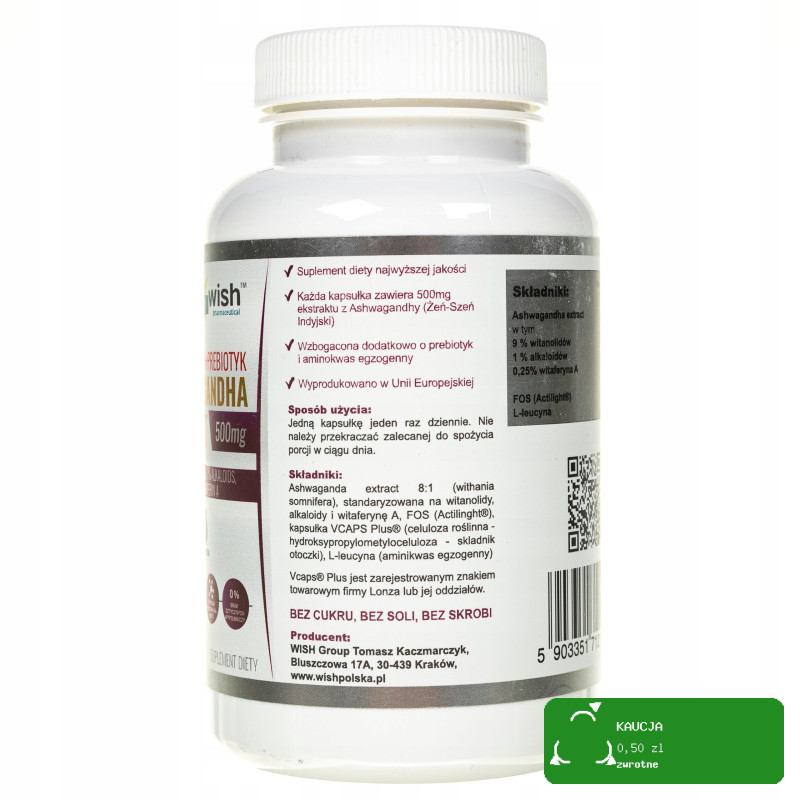 Wish ASHWAGANDHA 500mg +L-LEUCYNA +PREBIOTYK 120kaps na 4mce wsparcie STRES
