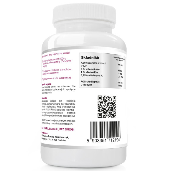 Wish ASHWAGANDHA 500mg +L-LEUCYNA +PREBIOTYK 120kaps na 4mce wsparcie STRES